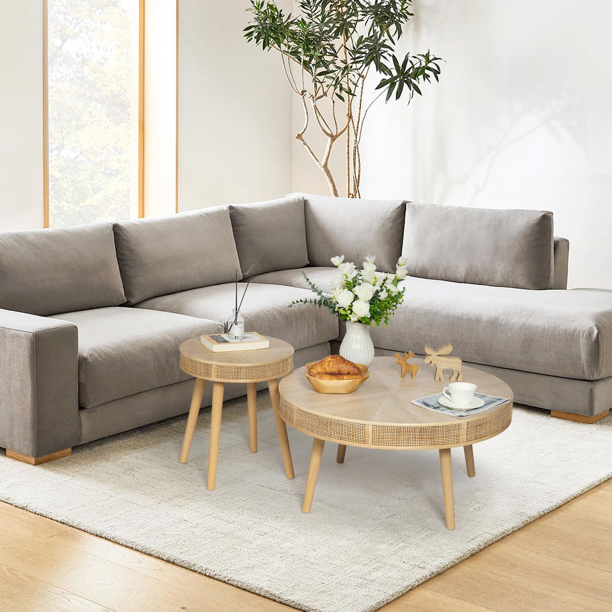 Wnutrees Farmhouse Round Coffee Table, Rustic Sofa Side Tea Tables Nesting Center Table Set with Handmade Rattan for Living Room, French Country Decor, Natural, 2Pack Wnutrees