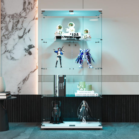 nifoti 64.5" H 4-Shelf LED Lights Glass Display Cabinet with Double Door,Modern Curio Cabinet Collection Display Case,Floor Standing Bookshelf Glass Case with Lock for Living Room,Home Office (White) nifoti