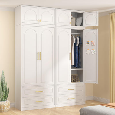 UNICOLY 86" Wardrobe with Drawers, 71'' Armoire Wardrobe Closet with 15" Cabinet, Metal Clothes Storage Cabinet with Hanging Rod, for Bedroom School, Employee, Gym, Assembly Required, White