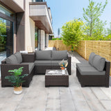 WAROOM 6 Pieces Patio Furniture Set PE Wicker Outdoor Brown Rattan Sectional Sofa Loveseat Couch Conversation Sets with Storage Bin Coffee Table, Anti-Slip Grey Cushion WAROOM