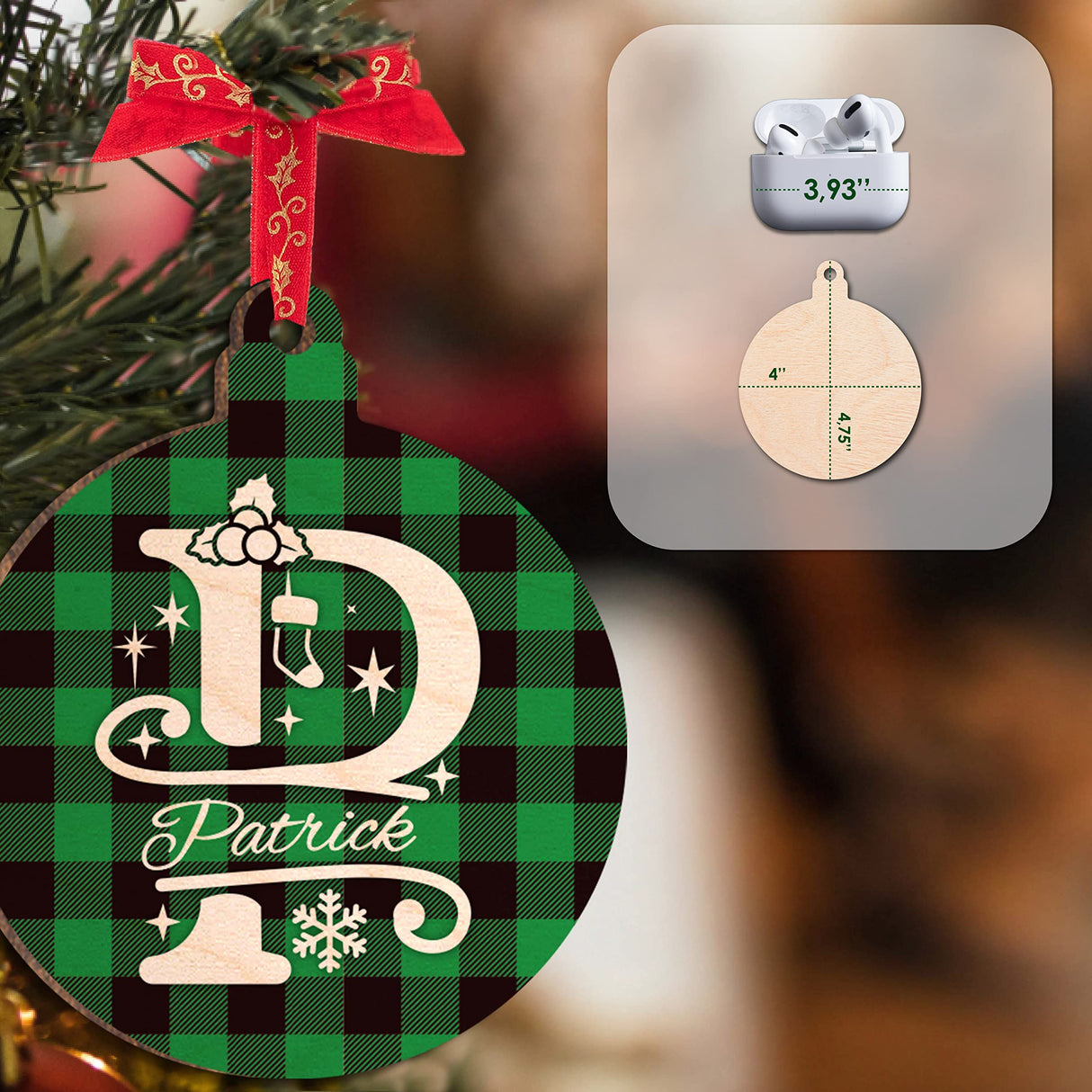 Christmas Initial Ornaments w/Name - 9 Pattern - Personalized Xmas Round Ornament Decor for Christmas Tree - Customized Noel Wood Gifts - Custom Wooden Circle Décorations C1 People People
