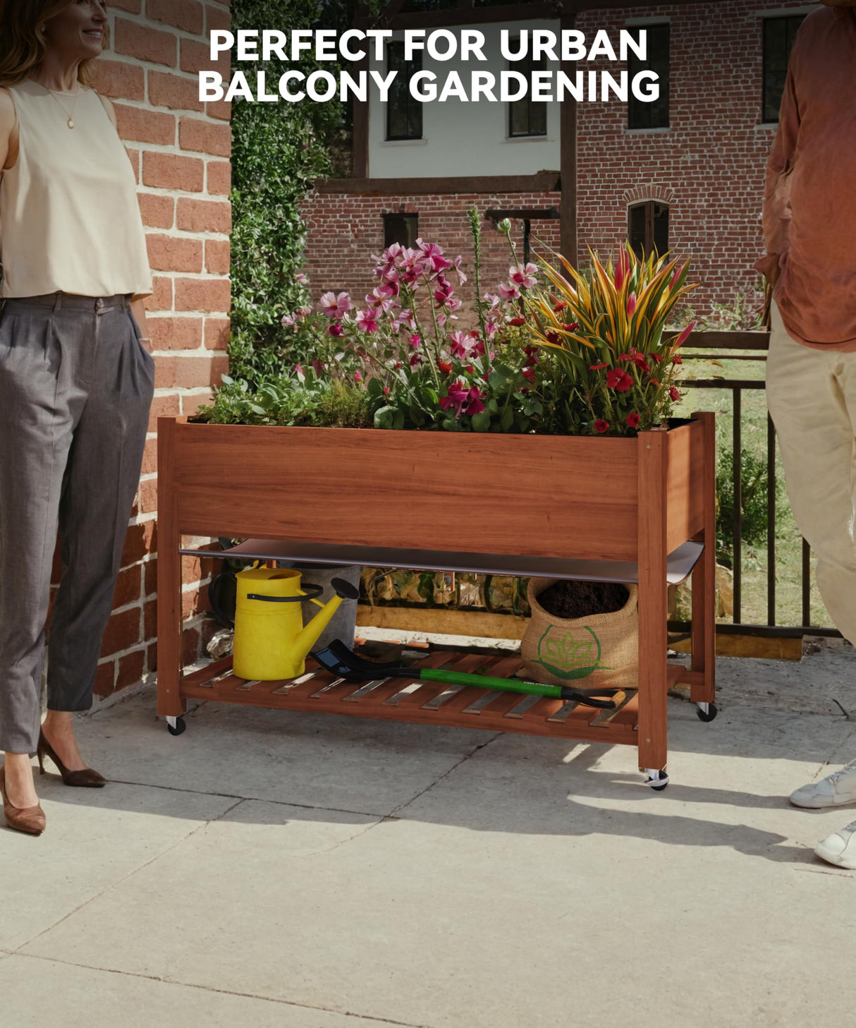 GarveeHome Raised Garden Bed 48x24x32-Inch Mobile Elevated Wood Planter Raised Beds w/Lockable Wheels, Storage Shelf, and Protective Liner for Indoor/Outdoor Gardening,Acorn Brown GarveeHome