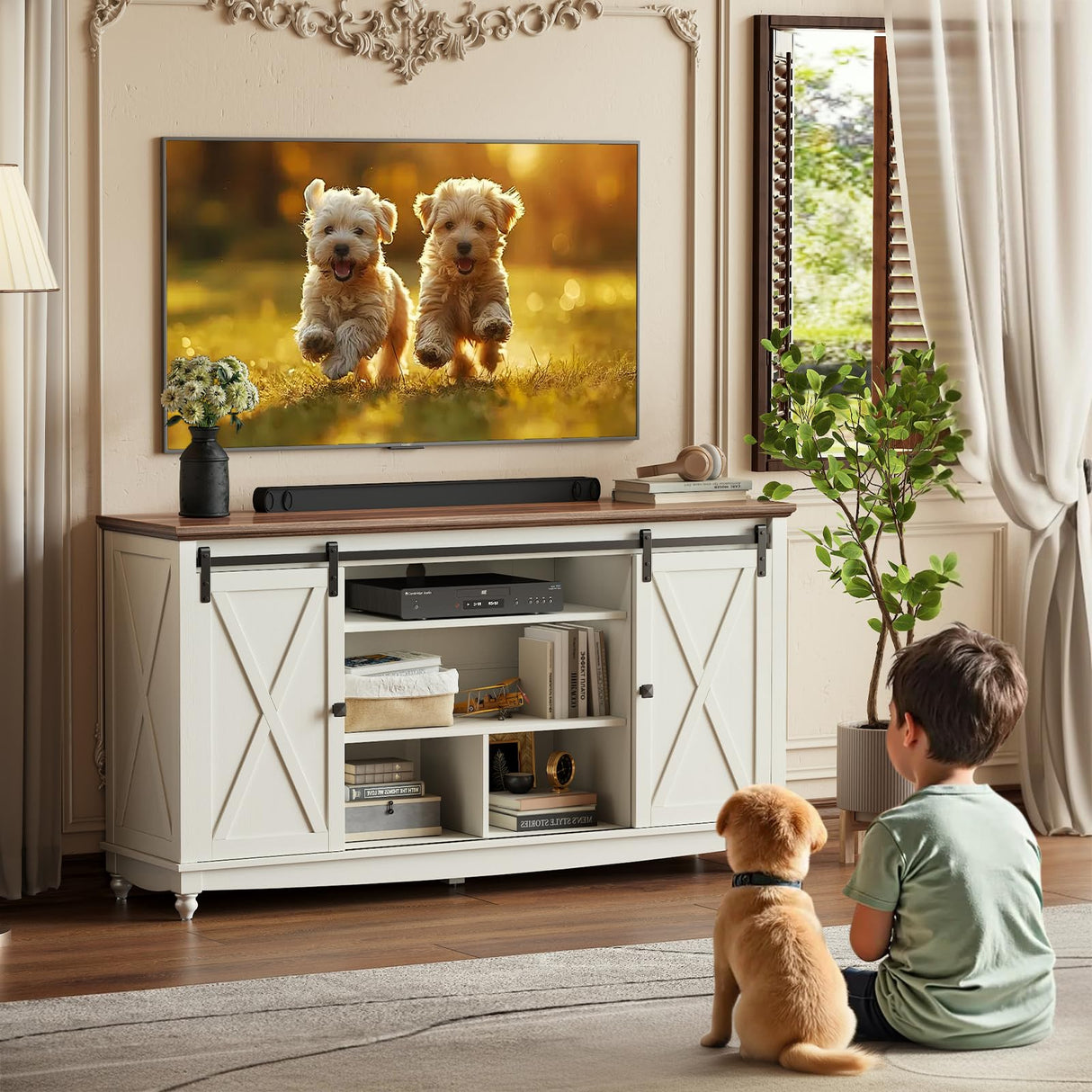 Farmhouse TV Stand for 65 75 Inch TV, 32" Tall Entertainment Center with Storage Cabinets and Barn Door, White Console Table with 3 Open storage shelve, Wood TV Console Table for Living Room, Bedroom ALLSTAND