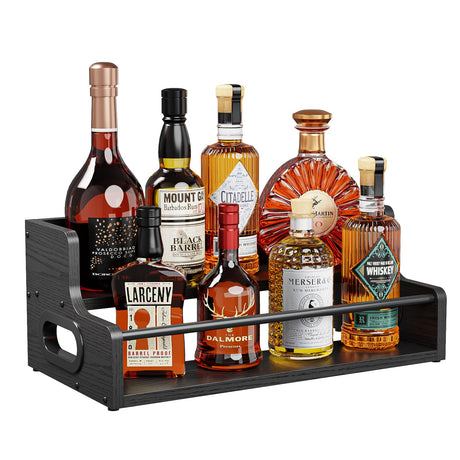 KLM Liquor Bottle Display Shelf, Coffee Syrup Rack Organizer, 2 Step Countertop Liquor Wine Rack, Mini bar,Liquor Cabinet, Home Retro Bar Shelf Stand for Liquor Whiskey, Spirits, (Black) KLM
