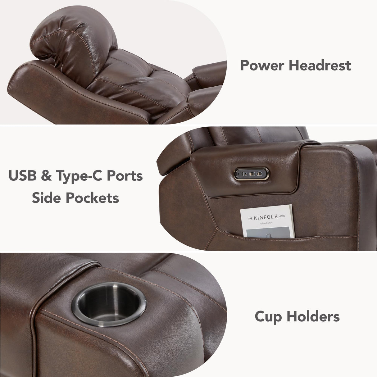 Watson & Whitely Genuine Leather Power Recliner Chairs for Adults, Lay Flat Recliner with Power Headrest, USB Ports and Cup Holders, Electric Reclining Sofa for Living Room, Bedroom, Dark Brown Watson & Whitely