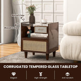 Giantex Rattan Nightstand with Drawer Set of 2, Boho Bamboo Bedside Table with Tempered Glass Top and Solid Wood Legs, 20" End Side Table with Storage, Night Stand for Bedroom, Living Room, Walnut Giantex