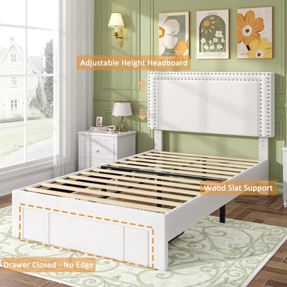 VECELO Twin Platform Bed Frame with Storage Drawer, Adjustable Velvet Rivet Decor Headboard, Wooden Slats Support, No Box Spring Needed, Easy Assembly