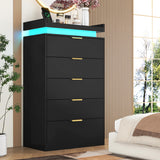 knoworld Tall Dresser for Bedroom, Black Dresser with LED Lights, Wood 5 Drawer Chest with Power Outlet, Modern Chest of Drawers for Bedroom, Living Room, Entryway, Hallway knoworld