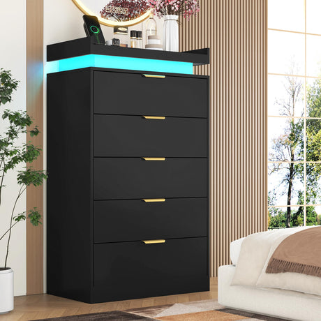 knoworld Tall Dresser for Bedroom, Black Dresser with LED Lights, Wood 5 Drawer Chest with Power Outlet, Modern Chest of Drawers for Bedroom, Living Room, Entryway, Hallway knoworld