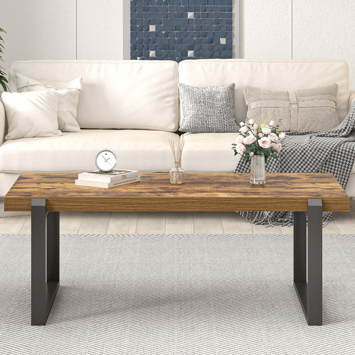 EXCEFUR Modern Coffee Table, Industrial Wood and Metal Center Table, Cocktail Tea Table for Living Room Home Office, Rustic Brown, 44 Inch EXCEFUR