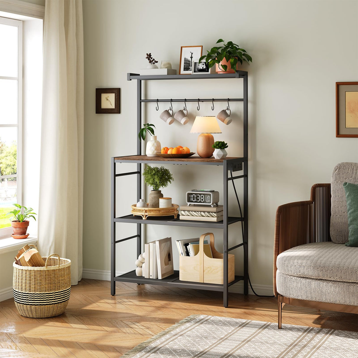 MAHANCRIS Bakers Rack with Storage, Microwave Stand with Power Outlet, Kitchen Storage Shelf with 6 Hooks, Coffee Bar Station 4 Tier, for Kitchen, Dining Room, Rustic Brown and Black BRHR351E01 MAHANCRIS