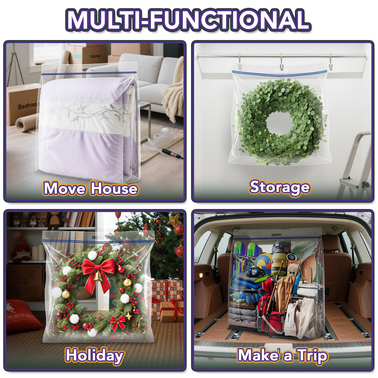 Extra Large Wreath Storage Bag, 34"x34"x8.5", Clear Storage Bag with Handle, Summer Christmas Decoration Garland Container for Seasonal Thanksgiving Holiday Artificial Wreath, 4 Pack VacPack