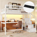 Full Loft Bed with Desk and RGB Light, Metal Loft Bed Frame with Stairs and Bedside Shelf, Heavy-Duty Lofts Beds with Storage Shelves and Wardrobe for Kids Teens, White Mirightone