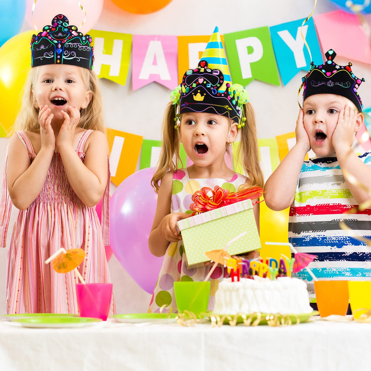 Yinder 80 Pcs Crafts Crowns Set DIY Scratch Paper Crowns with Rainbow Color Headband Hats Wooden Styluses Craft Elastic Bands Colorful Gem Jewels Stickers for Boys Girls Adults Yinder