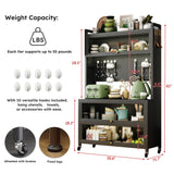 Runboll Kitchen Pantry Cabinet Storage with Microwave Shelf 5 Tier Metal Sideboard Baker's Rack Coffee Bar Hutch Buffet Laundry Storage, with Wheels & Hooks Runboll