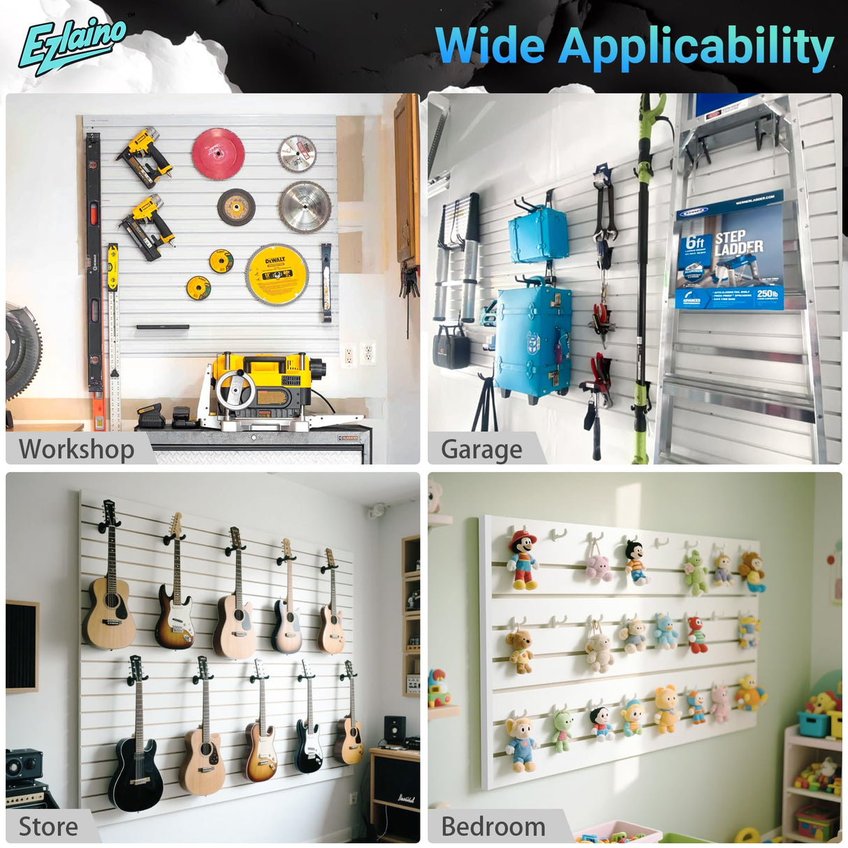 Ezlaino Slatwall Panel 4FT x 4FT, PVC Slat Wall Storage System, Waterproof, Durable& Easy to Install, Compatible with Most Hooks, Ideal for Garage Storage & Home Decoration, White Ezlaino