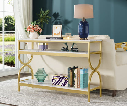 Tribesigns 3-Tier Console Table, 55 inch Sofa Table with Open Storage Shelves, Narrow Long Hallway/Entryway Table with Faux Marble Top for Home Living Room Entryway, White & Gold - WoodArtSupply