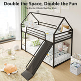 YIORTWO Twin-Over-Twin Low Metal Bunk Bed with Convertible Slide, Montessori Floor Bunk Bed Frame with Curved Edges Guardrail, Heavy Duty Metal Bed with House Shape and Roof for Kids, Black YIORTWO