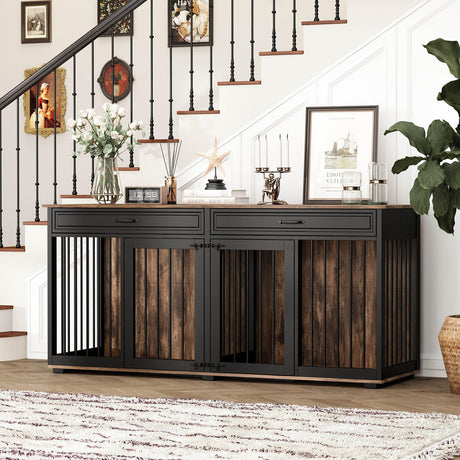 Lovinouse Large Dog Crate Furniture for 2 Dogs, 72.5" Indoor Heavy Duty Wooden Large Dog Kennel with Drawers & Divider, Indoor Furniture Style Dog House with Double Rooms,Rustic Brown Lovinouse