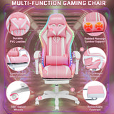 HOFFREE Pink Gaming Chair with Bluetooth Speakers and LED RGB Lights Cute Ergonomic Massage Computer Gaming Chair with Footrest High Back Video Game Chair with Lumbar Support Pink and White HOFFREE