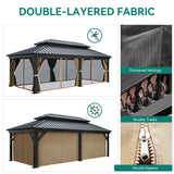 DWVO 12x18ft Hardtop Gazebo Double Roof with Nettings and Curtains, Heavy Duty Galvanized Steel Outdoor Vertical Stripes Roof for Patio, Backyard, Deck, Lawns, Brown DWVO