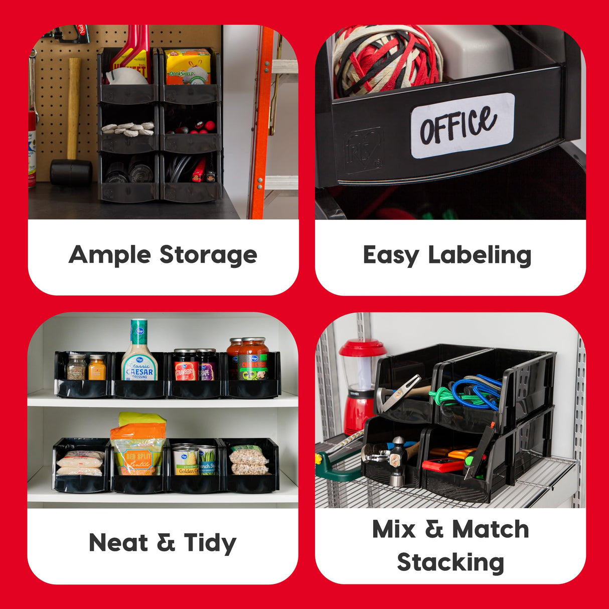 IRIS USA Extra Large Stackable Storage Bins, 6-Pack, 13"L x 10"W x 8"H, |Made in USA|, Plastic Open Front Shelf Bin for Organizing Parts, Hardware, Tools, Supplies, Garage Shelf, Pantry - Black IRIS USA