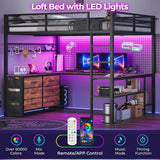 ADORNEVE Loft Bed Full Size with U-Shaped Desk, 6 Storage Drawers, Power Outlet, LED Metal Loft Bed with 2 Storage Shelves, Bed with Safety Guardrail & Ladders, No Box Spring Needed, Rustic Brown ADORNEVE