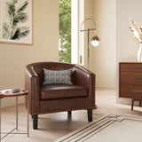 BELLEZE Accent Barrel Chairs Set of 2, Modern Tub Club Chairs Upholstered Armchairs for Living Room, Faux Leather Chairs with Gold Nail Head Trim Black Legs - Kyara (Brown) BELLEZE