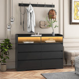 GOSROMS Dresser for Bedroom, Black Bedroom Dresser with LED Lights and Power Strip, 6 Long Drawers Dresser, Tall Wide Chest of Drawers Storage Organizer for Bedroom, Living Room, Entryway GOSROMS