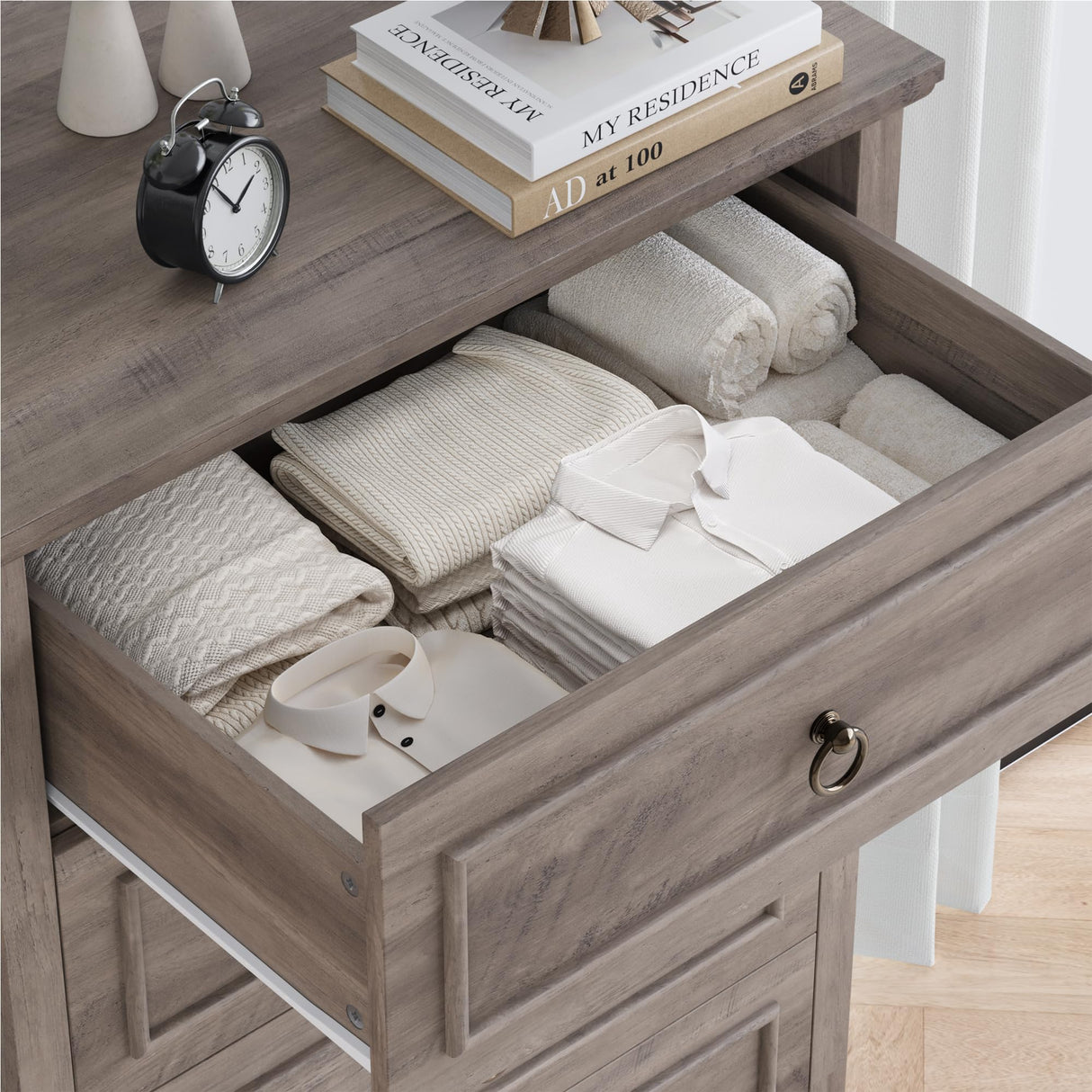 HOSTACK 5 Drawer Tall Dresser, Modern Farmhouse Chest of Drawers, Wood Dressers Organizer, Accent Storage Cabinet for Living Room, Hallway, Home Office, Ash Grey HOSTACK