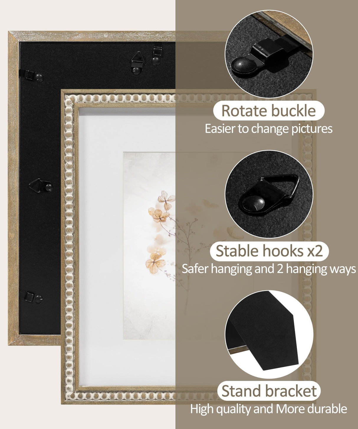 SUMGAR 8x10 Picture Frame Boho 5x7 Photo Frame with Mat Farmhouse White Wood Shabby Chic Wall Mounted Display for Birthday Wedding Friend Gifts with Distressed Decorative Pine Beads SUMGAR