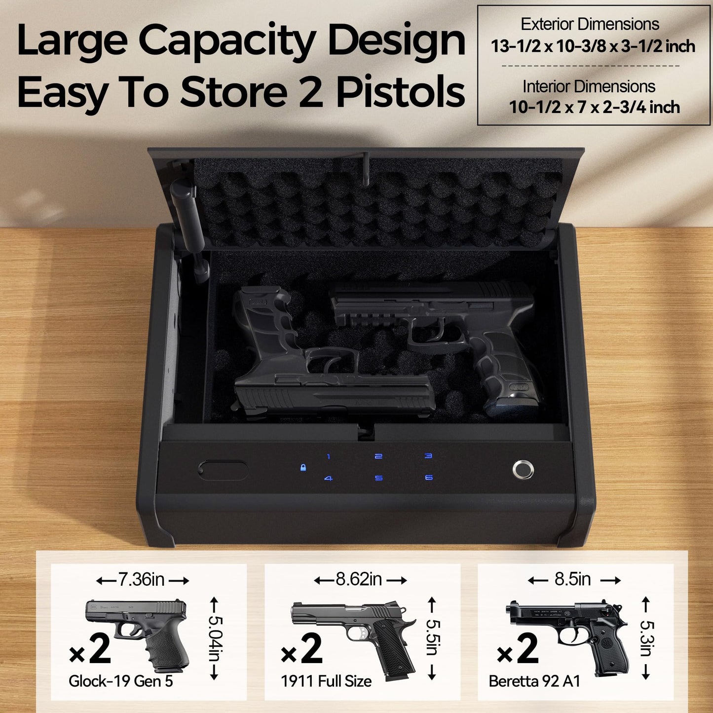 NASTAIS Biometric Fingerprint Gun Safe Pistol Safe 4 Ways 0.1S Quick Access, Fingerprint/Passcode/Key/App Unlock with Rechargeable Battery, Large Capacity Handgun Safe for 2 Pistols