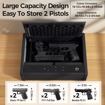 NASTAIS Biometric Fingerprint Gun Safe Pistol Safe 4 Ways 0.1S Quick Access, Fingerprint/Passcode/Key/App Unlock with Rechargeable Battery, Large Capacity Handgun Safe for 2 Pistols