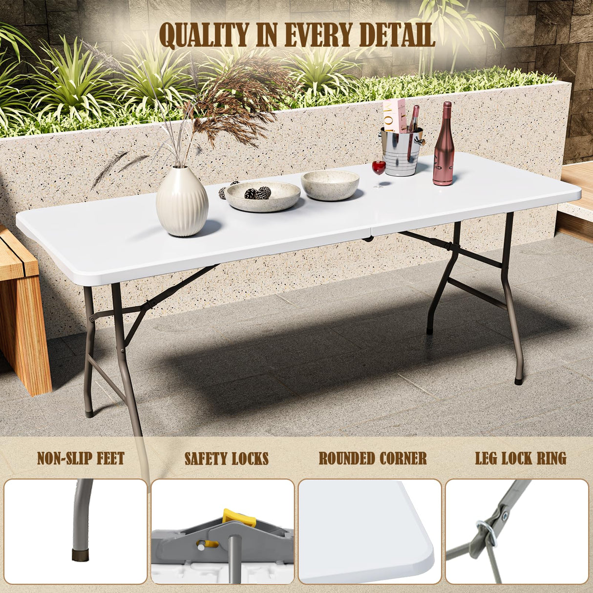 Linkriseed 6FT Folding Picnic Table for Outdoor, Portable, Foldable Table for Camping, Parties, with Carrying Handle (White, 1 Pack) Linkriseed