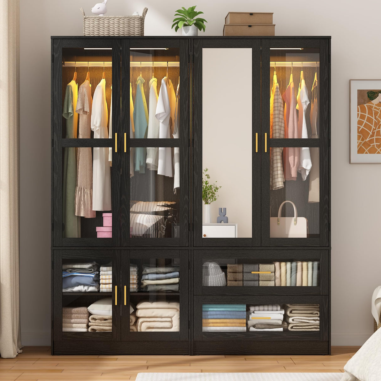 4 Doors Armoire Wardrobe Closet with LED and Mirror,71" H Freestanding Wooden Wardrobe Closet Cabinet for Bedroom w 2 Drawers,Wooden Clothing Storage Cabinet w Hanging Rod,Closets for Bedroom(Black) chartustriable