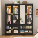 4 Doors Armoire Wardrobe Closet with LED and Mirror,71" H Freestanding Wooden Wardrobe Closet Cabinet for Bedroom w 2 Drawers,Wooden Clothing Storage Cabinet w Hanging Rod,Closets for Bedroom(Black) chartustriable