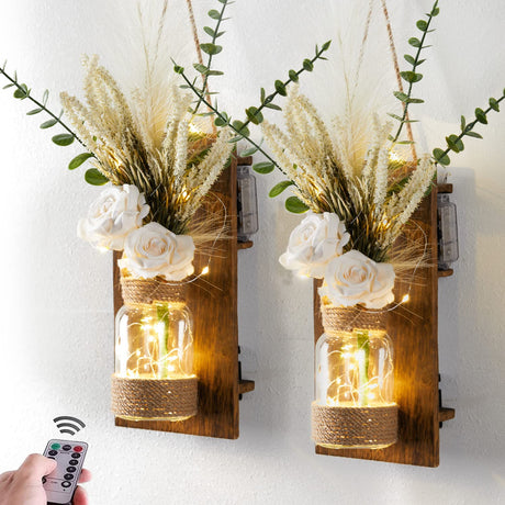 Anna's Whimsy 2PACK Mason Jar Sconce Wall Decor Rustic with Remote Control LED Fairy Lights - Artificial Flowers Spring Decorations for Home Bedroom Farmhouse(White Rose) Anna's Whimsy