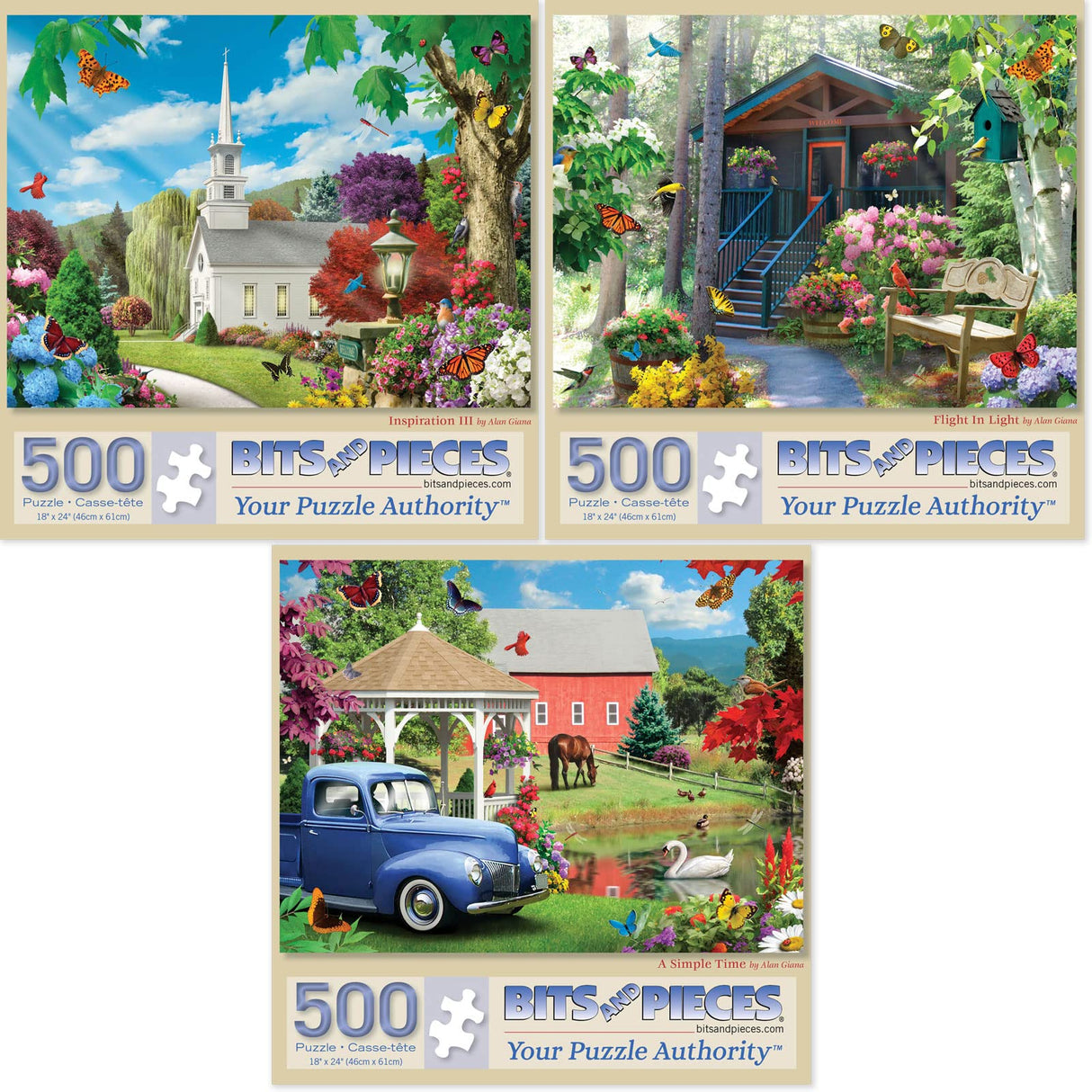 Bits and Pieces - Value Set of Three (3) 500 Piece Jigsaw Puzzles for Adults - Puzzles Measure 18"x24" - Seasons, Spring, Fall, Nature, Church, Cabin, Barn, Sun, Birds 500 pc Jigsaws by Alan Giana Bits and Pieces