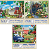 Bits and Pieces - Value Set of Three (3) 500 Piece Jigsaw Puzzles for Adults - Puzzles Measure 18"x24" - Seasons, Spring, Fall, Nature, Church, Cabin, Barn, Sun, Birds 500 pc Jigsaws by Alan Giana Bits and Pieces