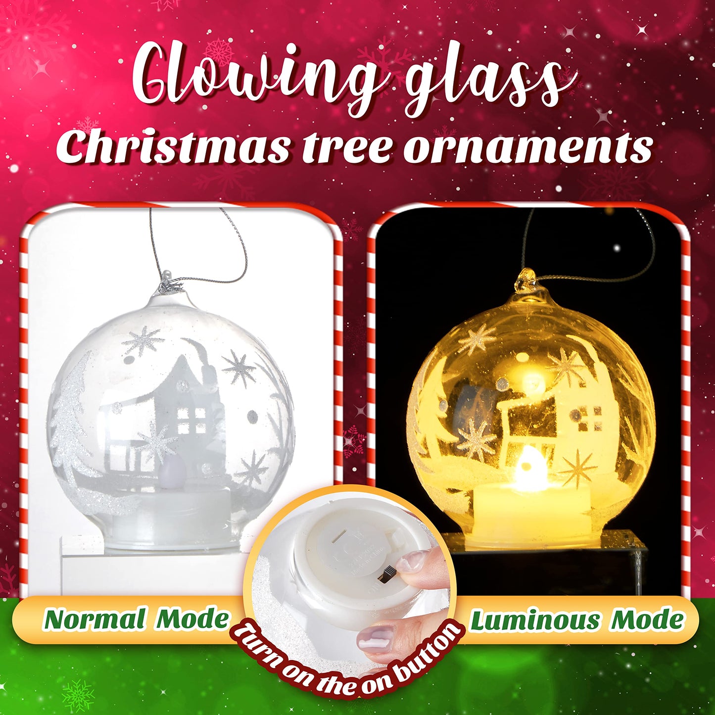 HappySpot 6 Pcs LED Christmas Clear Ball Set Xmas Tree Glass Light up Hanging Decorative Plastic Ornament for Xmas Party Decorations