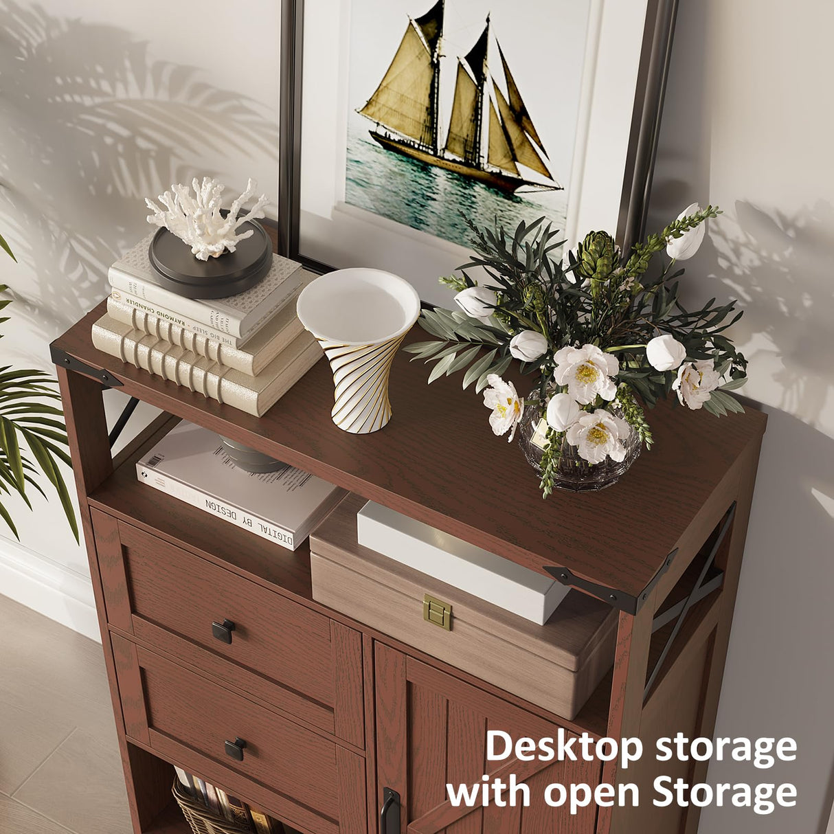 Fameill Farmhouse Storage Cabinet with 2 Drawers&Shelves,Freestanding Storage Cabinet with Doors&Open Storage,Floor Storage Cabinet for Living Room,Bathroom,Kitchen,Laundry,Red Walnut Fameill