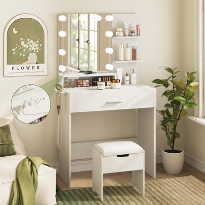 Vabches Makeup Vanity Table with Lighted Mirror & Power Strip, White Vanity Set, Lots Storage, 3 Lighting Modes, Brightness Adjustable, 31.5 * 15.75 * 57.7in, White