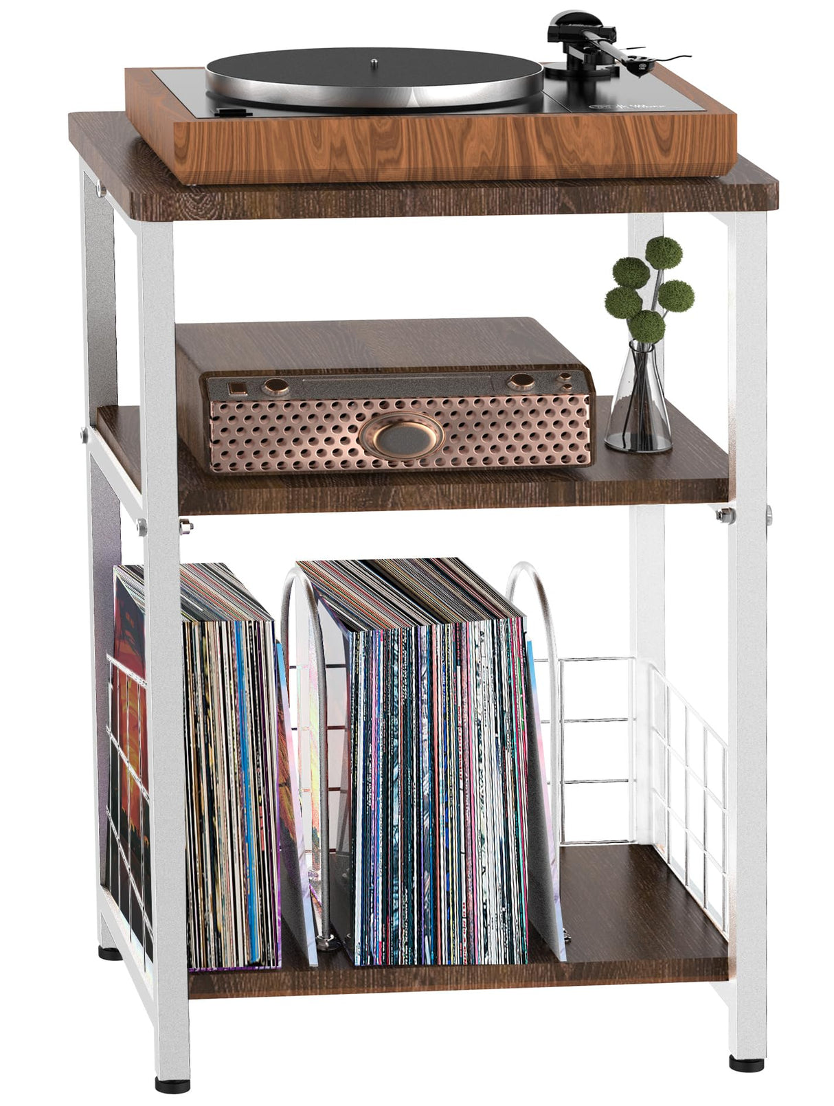 Tuohours Record Player Stand, 3 Tier End Side Table with Vinyl Record Storage Basket, Turntable Table up to 100 Albums Record Shelf Display Holder Cabinet for Living Room, Bedroom, Office Tuohours