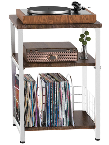 Tuohours Record Player Stand, 3 Tier End Side Table with Vinyl Record Storage Basket, Turntable Table up to 100 Albums Record Shelf Display Holder Cabinet for Living Room, Bedroom, Office Tuohours