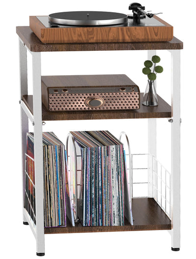Tuohours Record Player Stand, 3 Tier End Side Table with Vinyl Record Storage Basket, Turntable Table up to 100 Albums Record Shelf Display Holder Cabinet for Living Room, Bedroom, Office