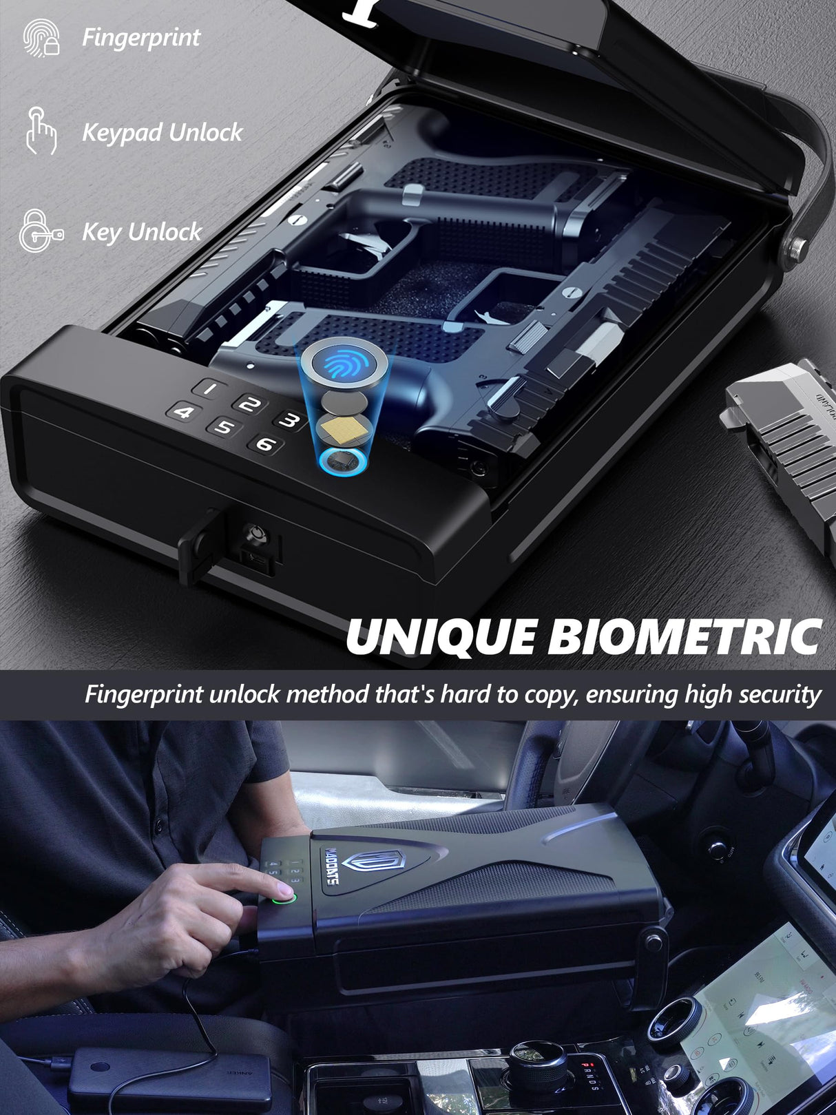 MD MADOATS Car Gun Safe, Portable Biometric Safes for Pistols with Cable, Fingerprint & Keypad & Key Access Handgun Lock Box for Vehicle Travel Home (Leather Logo) MD MADOATS