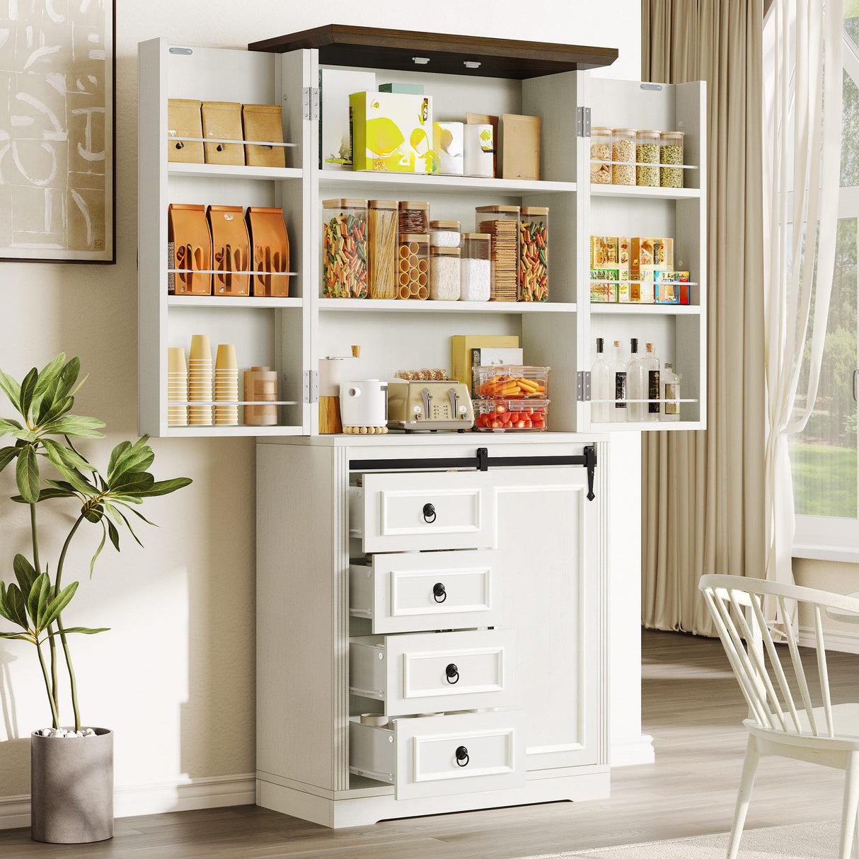 DWVO 71" Kitchen Pantry with Sliding Barn Door & Storage Drawers, Farmhouse Tall Storage Hutch Cabinet with Adjustable Shelves, Versatile Organizers for Living Room, Dining Room, Hallway, Off White DWVO