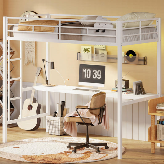 Twin Size Metal Loft Bed with Desk, Power Outlet, LED Lights & Noise-Free Design - White by LIKIMIO - WoodArtSupply