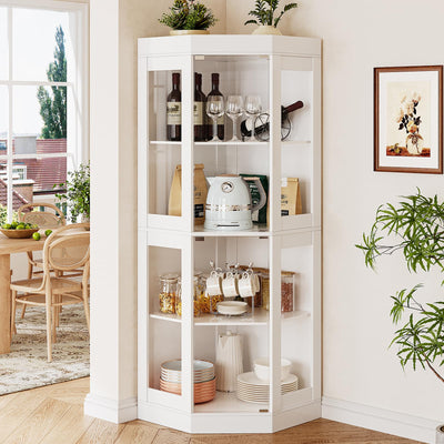 UKAOCAI 70''H Tall Corner Cabinet with Glass Doors,Farmhouse Storage Cabinet with 4 Shelves & Top Guard Rail,Home Pantry Hutch for Bar,Kitchen, Dining Living Room, Bathroom, White