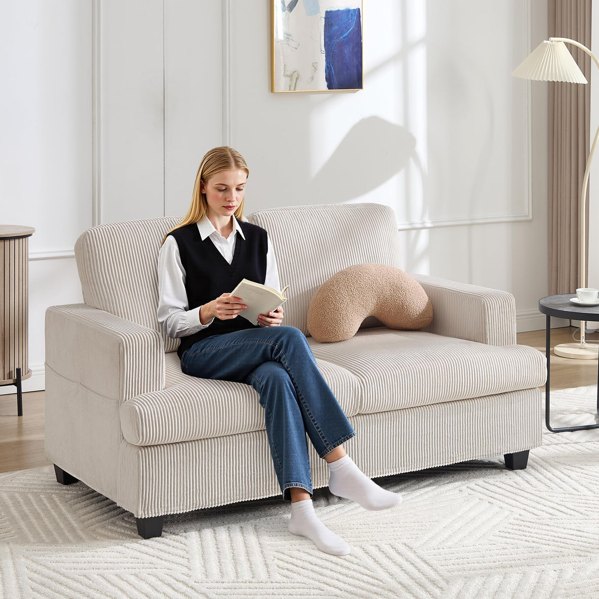 HOMYKA Loveseat Sofa, 60" Corduroy Couch with Side Pocket, Removable Pillow and Cushion Cover 2 seat Couches, Comfy Modern Small Couch for Living Room, Small Spaces, Dorms, Office, Beige HOMYKA